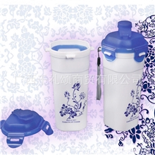 青花密封杯600ML防漏塑料茶杯RA-653B广告礼品杯吊绳运动水杯