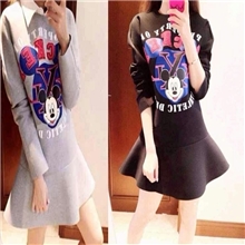 韩国东大门新款卡通米老鼠太空棉米奇MICKEY荷叶摆连衣裙8198