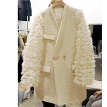 韩国代购大东门女王气场皮领口毛毛袖羊毛呢拼接外套8183