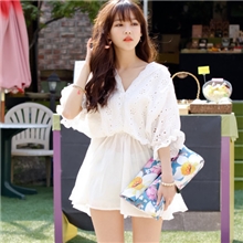 镇店之宝夏韩女装新款甜美镂空喇叭袖V领修身百搭连衣裙QL1-1968