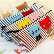 韩国文具可爱创意帆布笔袋简约甜美小猫笔袋文具袋化妆包