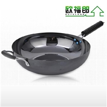 供应欧福郎亮光真不锈炒锅无涂层耐磨生铁烹饪炒菜锅电磁炉通用