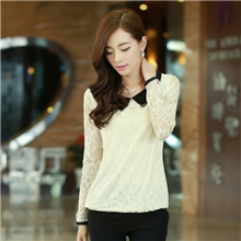 2013韩版蕾丝钩花秋装新款娃娃领不显肚蝴蝶结女装长袖1355