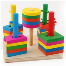 木制玩具锻练大脑和小手认颜色形状积木批发五柱套装积木