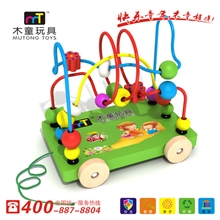 包邮木童拖车绕珠串珠婴幼儿教具益智积木木制玩具车早教玩具批发