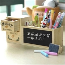 韩国文具原木笔筒双抽屉笔筒小黑板留言板收纳盒YX380