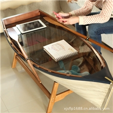 地中海家具白色仿旧船型茶几咖啡桌带船浆海洋风格蓝白系列