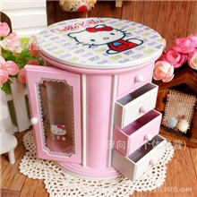 创意KT猫首饰音乐盒带两门3抽屉旋转八音盒梳妆镜子上链音乐盒