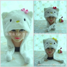 厂家直销3色蝴蝶结短款KT猫卡通动物毛绒玩具帽混批