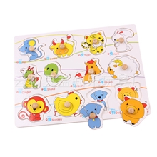 供应木制玩具十二生肖拼板早教认知图手抓木钉拼板益知乐品牌