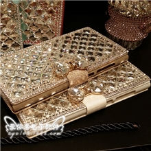 苹果5S贴钻左右翻皮套满钻方钻闪亮保护壳蚕丝三星手机贴钻皮套