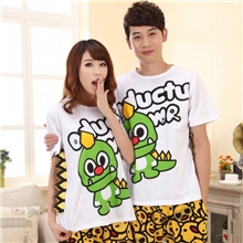 爆款批发夏季情侣棉质睡衣卡通爱情公寓恐龙男女短袖家居服套装