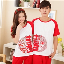 批发卡西贝奴夏季情侣棉质睡衣大红双喜龙凤婚庆男士短袖家居服
