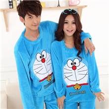 冲量爆款批发冬季情侣珊瑚绒睡衣卡通叮当猫男女长袖家居服套装