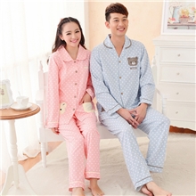 批发QL056新长袖大翻领卡通圆点小熊针织男女情侣睡衣家居服套装