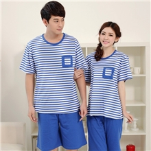 批发QM014夏季短袖经典蓝色海军条纹男女针织情侣睡衣家居服套装