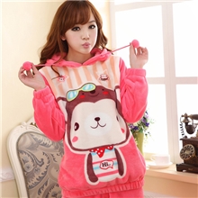 冬天悠嘻猴可爱连帽两件套女士加厚法兰绒女式睡衣套装家居服批发