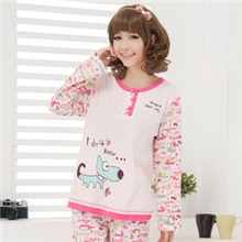 小刀狗秋季新款长袖女士睡衣中厚双面针织纯棉家居服