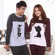 批发卡通长袖猫吃鱼情侣睡衣套装秋春冬季睡衣可爱卡通居家服休闲