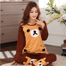 女睡衣春秋长袖棉质女睡衣套装卡通轻松熊仿羊毛绒家居服批发