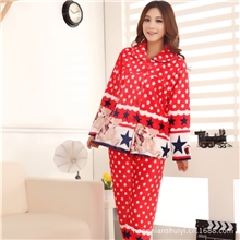 睡衣批发秋冬翻领长袖女款五角星法兰绒保暖套装家居服不掉毛