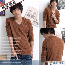 批发男士V领T恤韩版修身磨毛面料长袖T恤男士修身T恤韩版T恤