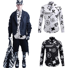 潮牌男士秋季长袖英伦修身印花衬衫男字母长袖衬衣男S520