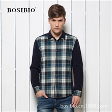 BOSIBIO2013秋季欧美长袖衬衫格子拼接灯芯绒衬衫加绒男式衬衫