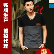 韩版男装批发短袖t恤V领拼接厂家t恤批发一件代发男装