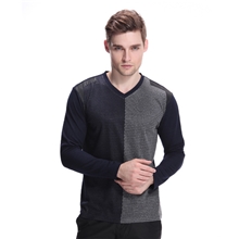 2013秋冬新品中高档男装长袖T恤时尚拼接男士休闲装V领贴皮