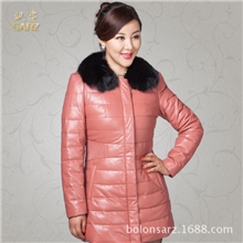 皮羽绒2013新款狐狸领修身真皮羽绒服海宁真皮皮衣女中长款