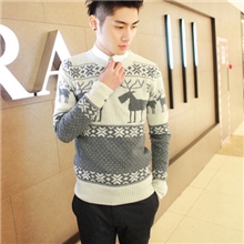 批发2013冬装新款小鹿雪花提花套头毛衣韩版男装修身毛衣针织衫