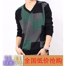 男士毛衣男装方格V领针织衫修身薄外套套头羊毛衫男冬季