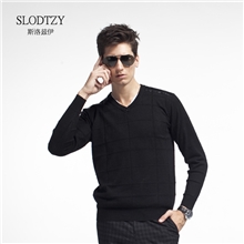 2013新款热销男装时尚秋V领毛衣黑皮肩羊毛衫纯色针织衫