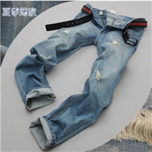 春夏浅色薄款牛仔裤修身小脚牛仔裤男装韩版破洞牛仔裤批发