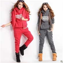 新品女装休闲套装韩版连帽抓绒加厚卫衣三件套