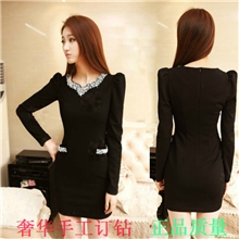 2013新品秋装镶钻钉珠公主袖修身包臀长袖连衣裙