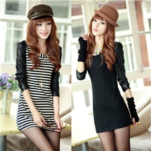 2013新款秋韩版女装简约休闲针织棉拼接皮质长袖修身连衣裙