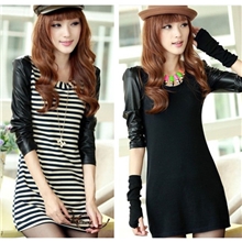 【伙拼】秋装新款韩版女装棉拼接皮质长袖修身连衣裙