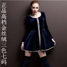 外贸秋装新款女韩版长连衣裙大码裙子包边拉链金丝绒长袖连衣裙