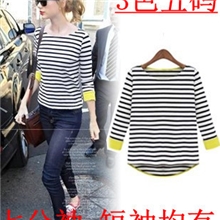 20103春装新款条纹打底衫女长袖拼接韩版套头针织T恤