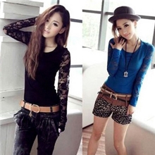 秋季新款百搭刺绣蕾丝圆领长袖T恤女装黑色蕾丝打底衫