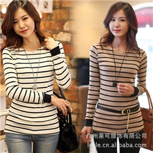 5码热卖爆款韩版女装时尚百搭条纹女士打底衫长袖T恤批发1289