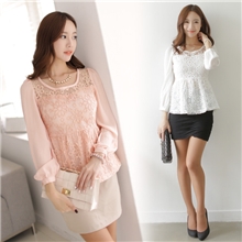 秋装爆款热销韩版高档剪花蕾丝上衣U领收腰女装长袖衬衫1551