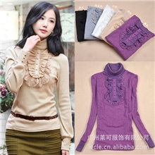 冬款韩版打底衫淑女蕾丝拼接前襟纯色高领长袖打底衫女式T恤702