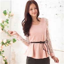 2013韩版秋款针织衫时尚精品波点蕾丝泡泡袖长袖收腰上衣1206