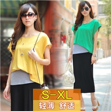 大码女装批发韩国夏季爆款时尚收腰撞色包臀假三件套连衣裙1620