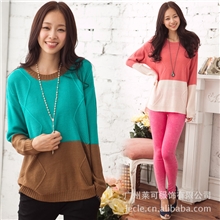 韩版冬款复古风时尚撞色宽松版中长款圆领女式毛衣批发1232