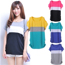 韩版夏季爆款露肩蝙蝠袖大码上衣撞色宽松条纹女式T恤批发T688