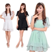 服装网店代理夏季热销钉珠系带飞袖双层裙摆女雪纺连衣裙860